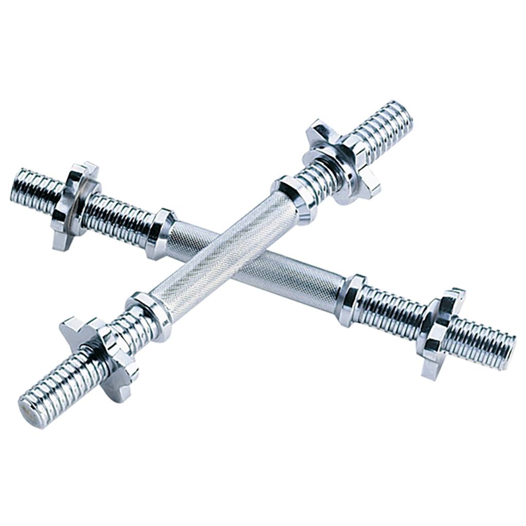 Threaded Dumbbell Handle Threaded Solid Steel Dumbbell Handles feature solid, heavily chromed steel with deep threads for safety and durability. A simple spin locks plates tight. Solid steel. 14" long Collars included 5 lbs each Sold Individually